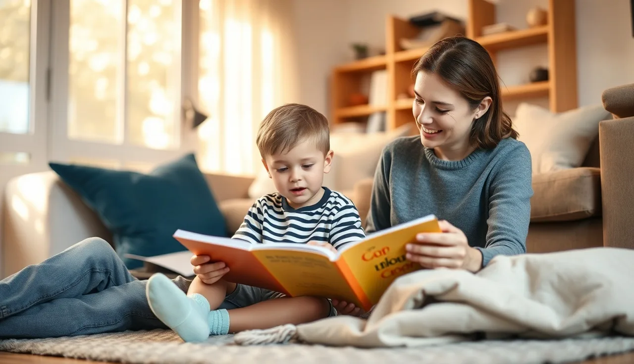 Parent and child reading aloud together on a rug during afternoon light