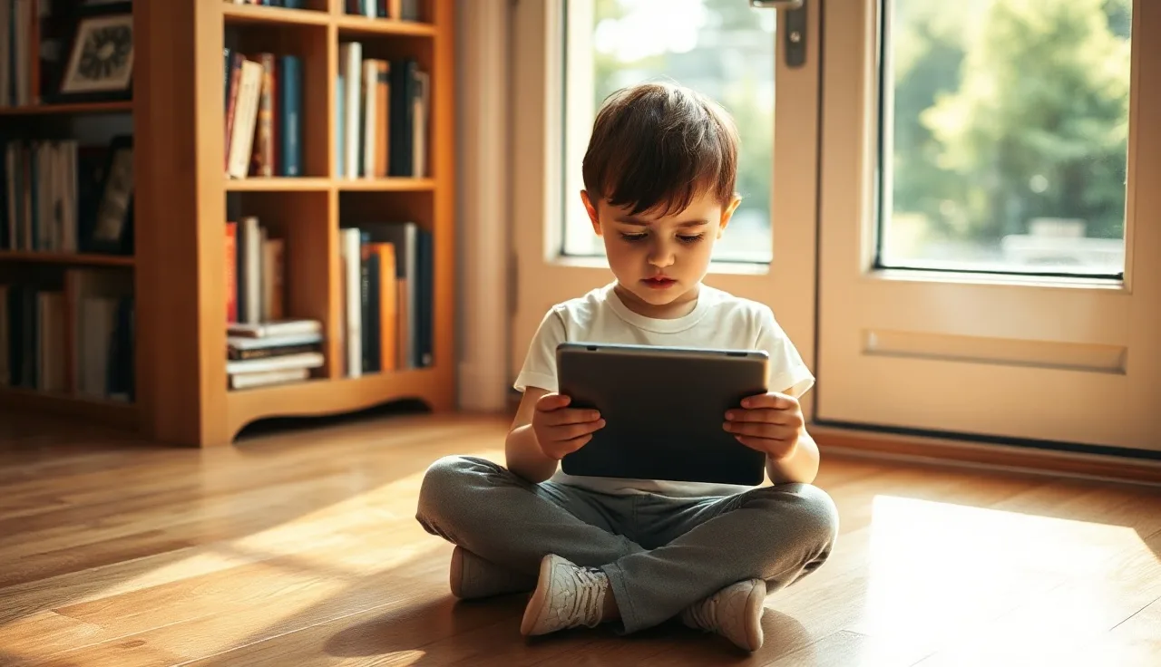 Child reading aloud from a tablet on a sunlit wooden floor at home
