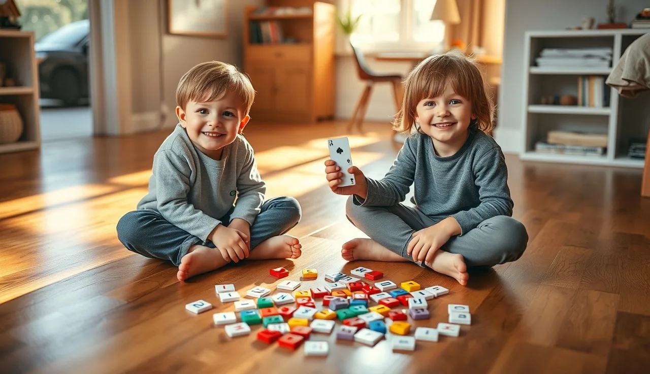 Two children playing a letter card game on a wooden floor in afternoon light