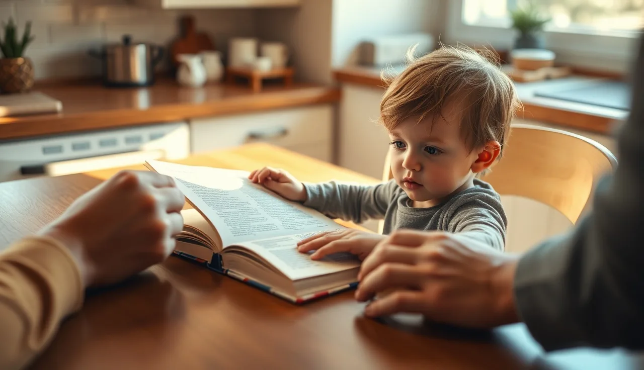 Child reading a small book at a kitchen table with parent nearby
