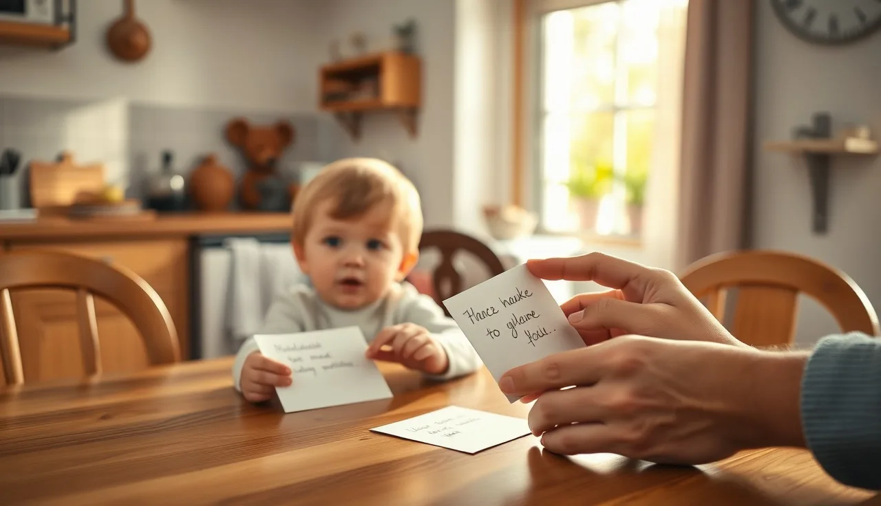 Child reading small handwritten word cards at a kitchen table with an adult