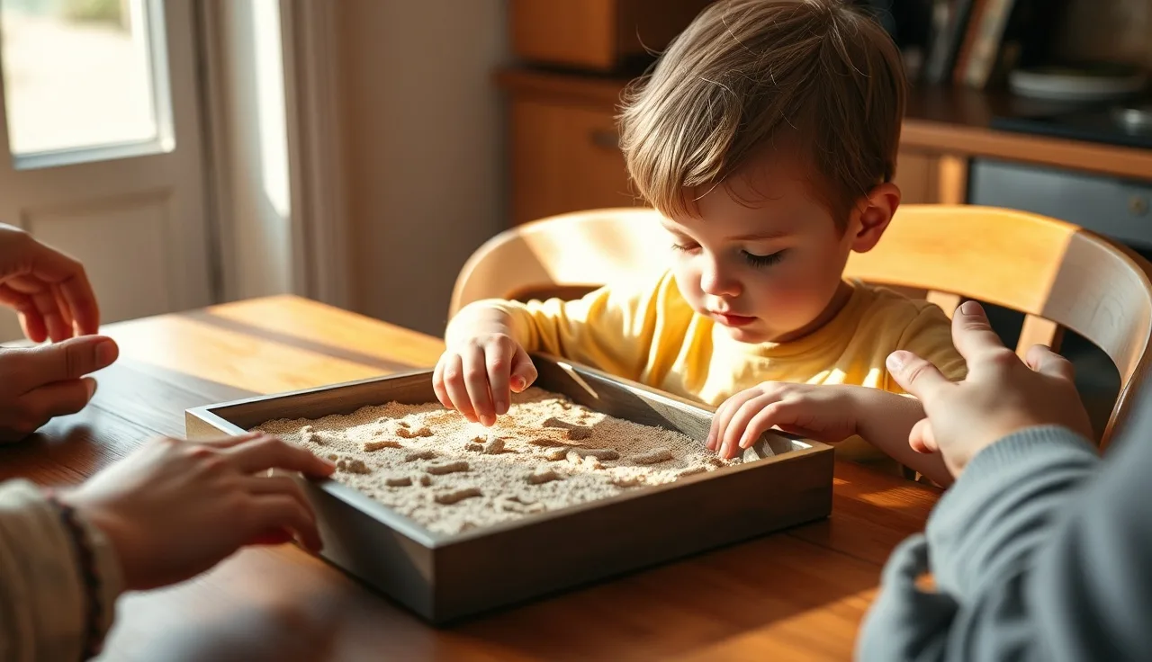 Young child tracing letters in a sand tray during sight word practice at home