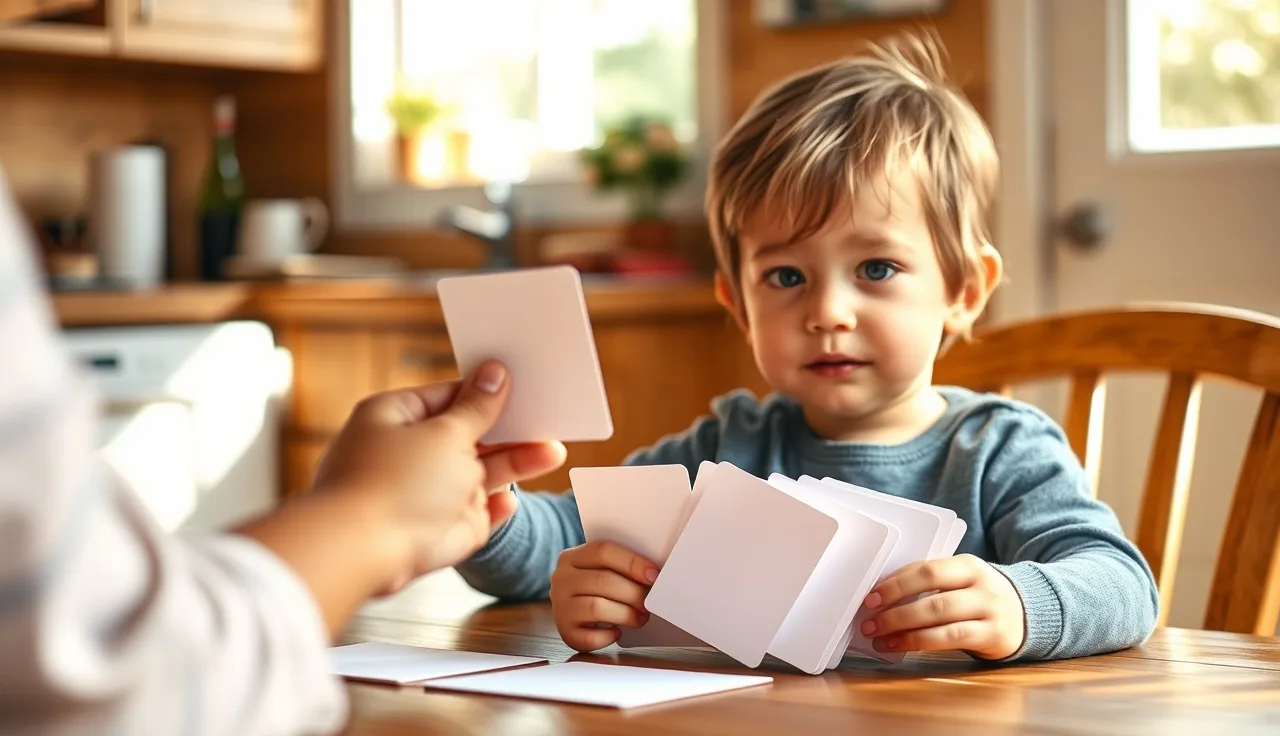 Child and parent practicing sight word cards together at a kitchen table