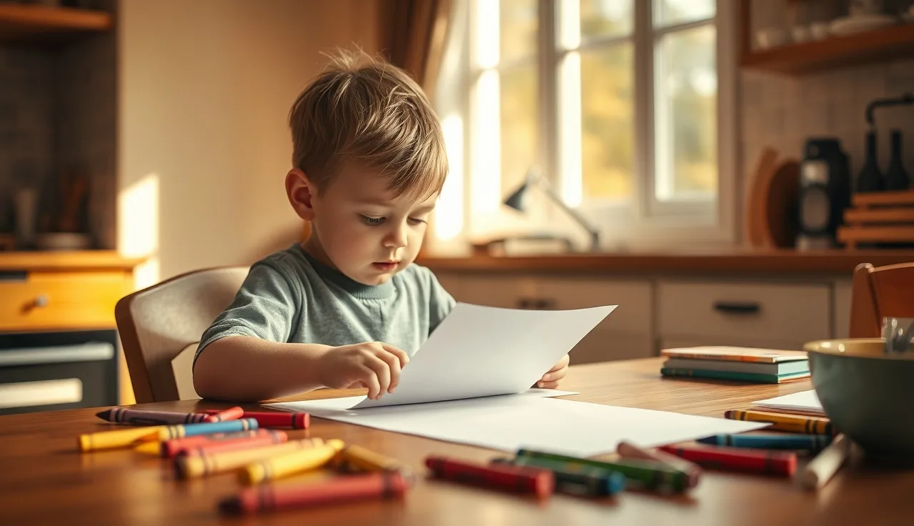 Young child coloring a printable page at a sunlit kitchen table