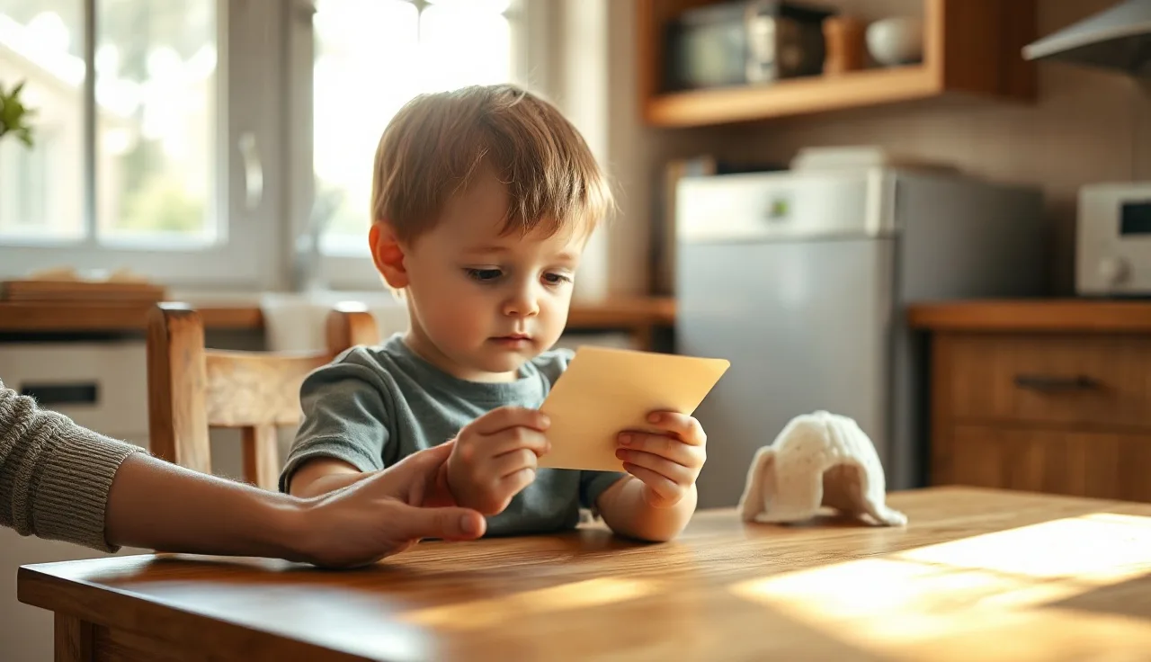 Young child at a kitchen table holding a sight word flashcard during morning practice