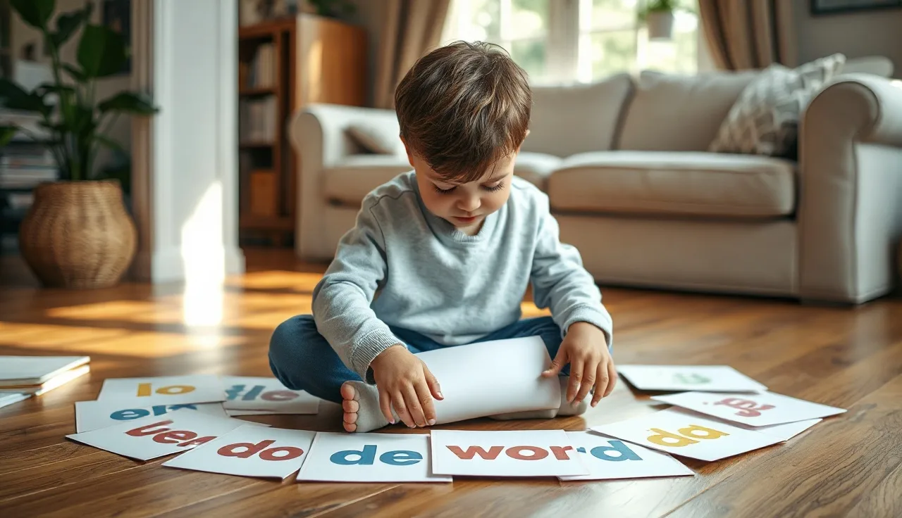 Young child reading printed sight word cards on a wooden floor at home