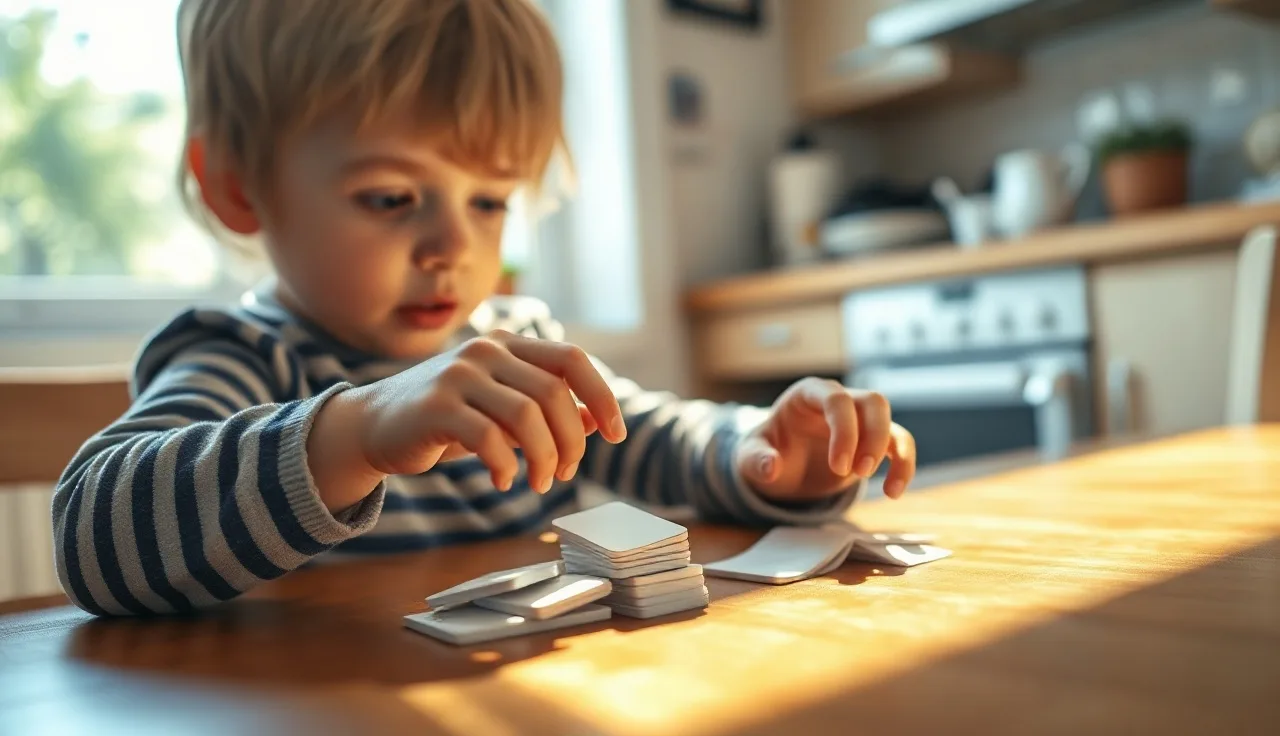 Young child sorting sight word flash cards into piles on a sunny kitchen table