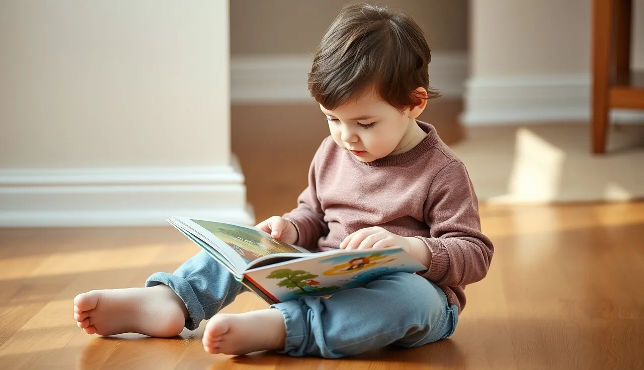 Young preschool child reading a picture book on a sunlit wooden floor
