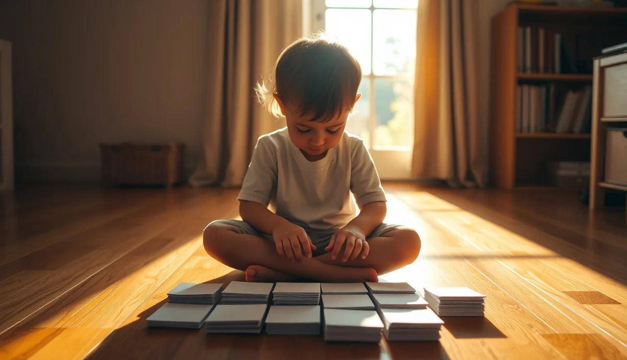 Child arranging printable sight word cards on a sunlit wooden floor