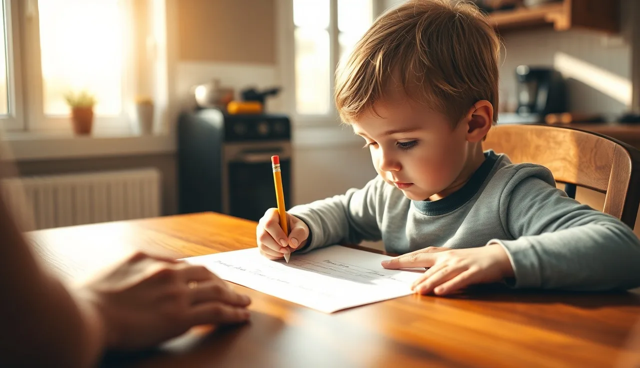 Child practicing sight word worksheets at a kitchen table with a parent nearby