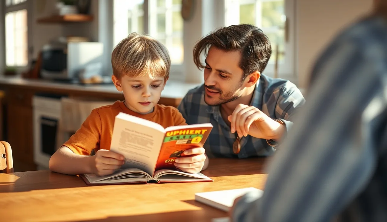 Parent timing a child reading aloud at a kitchen table during a home fluency check