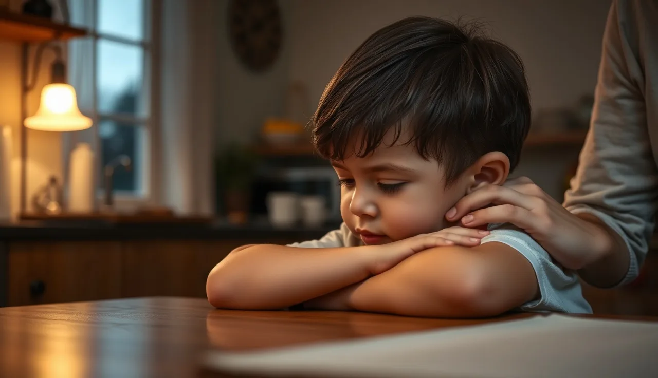 Child resting head on table while parent offers comfort during homework time