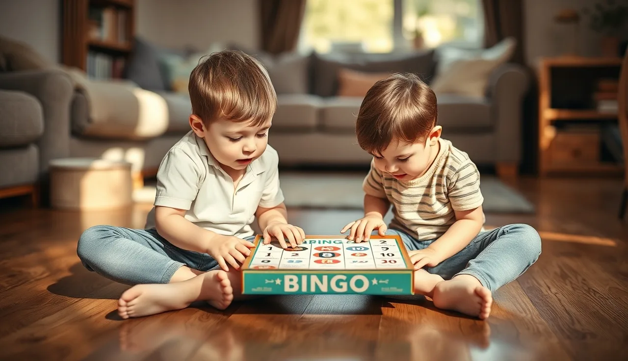 Two young children playing a sight word bingo game on a living room floor