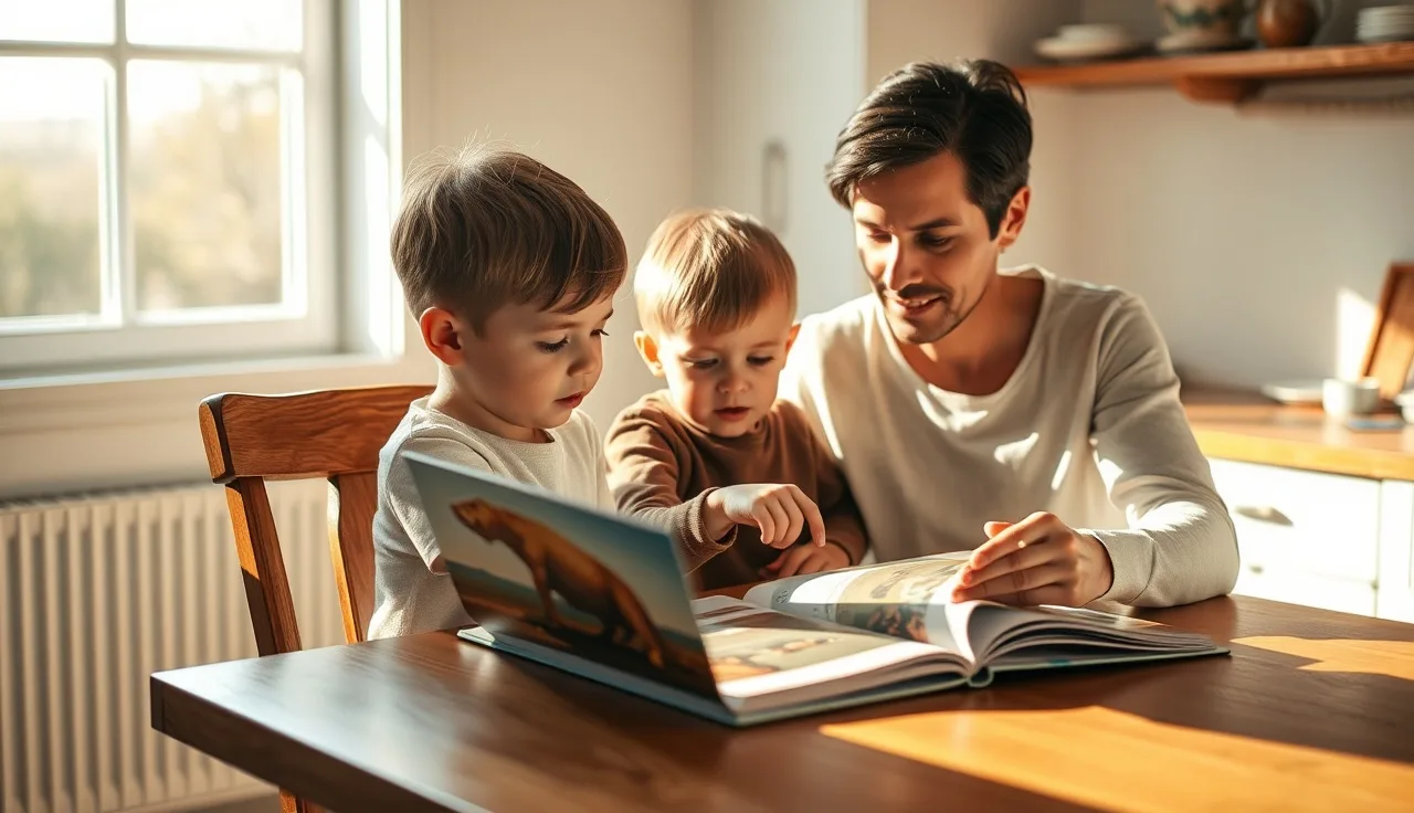 Child and adult reading a picture book together at a kitchen table
