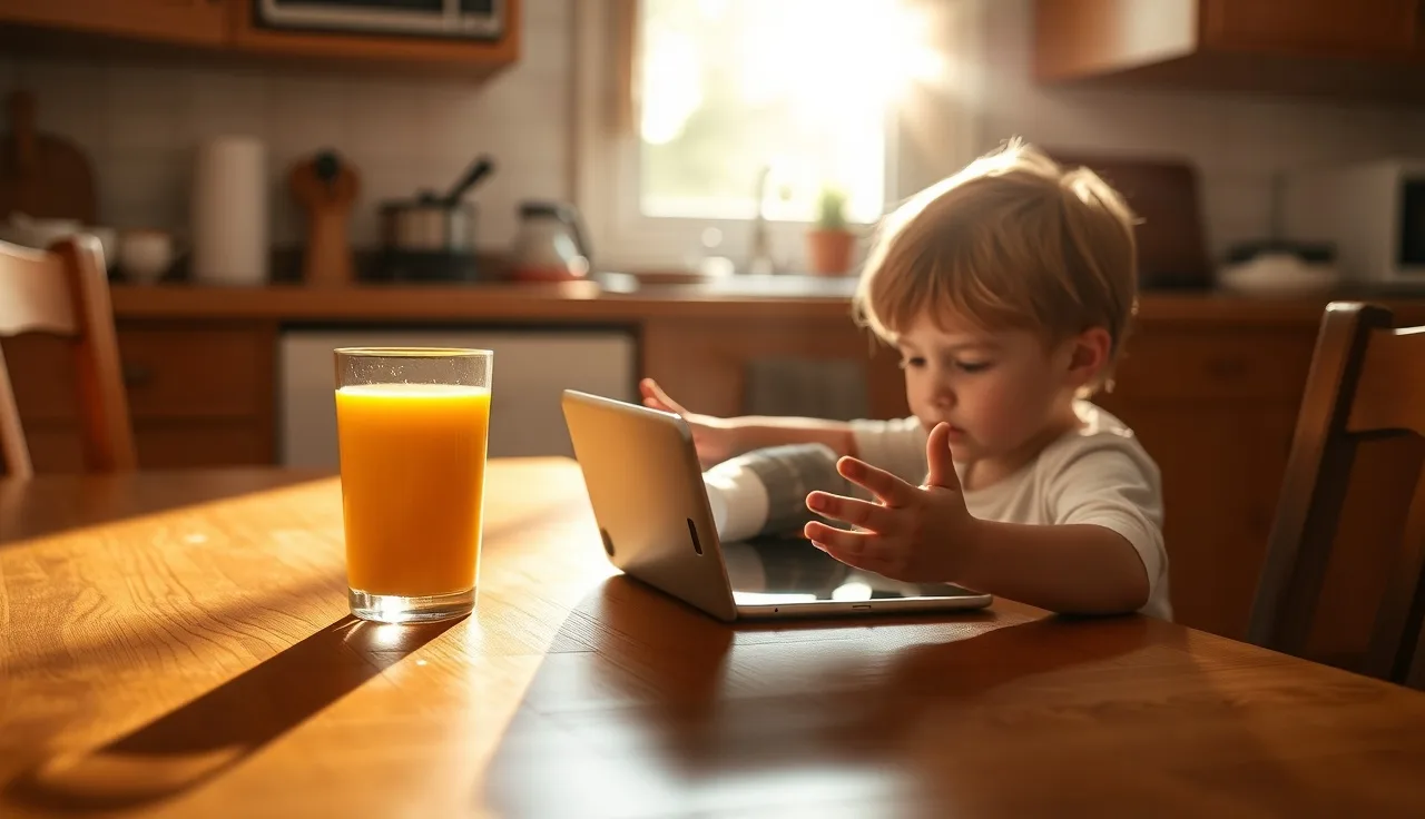 Child using a tablet at a kitchen table for adaptive reading practice