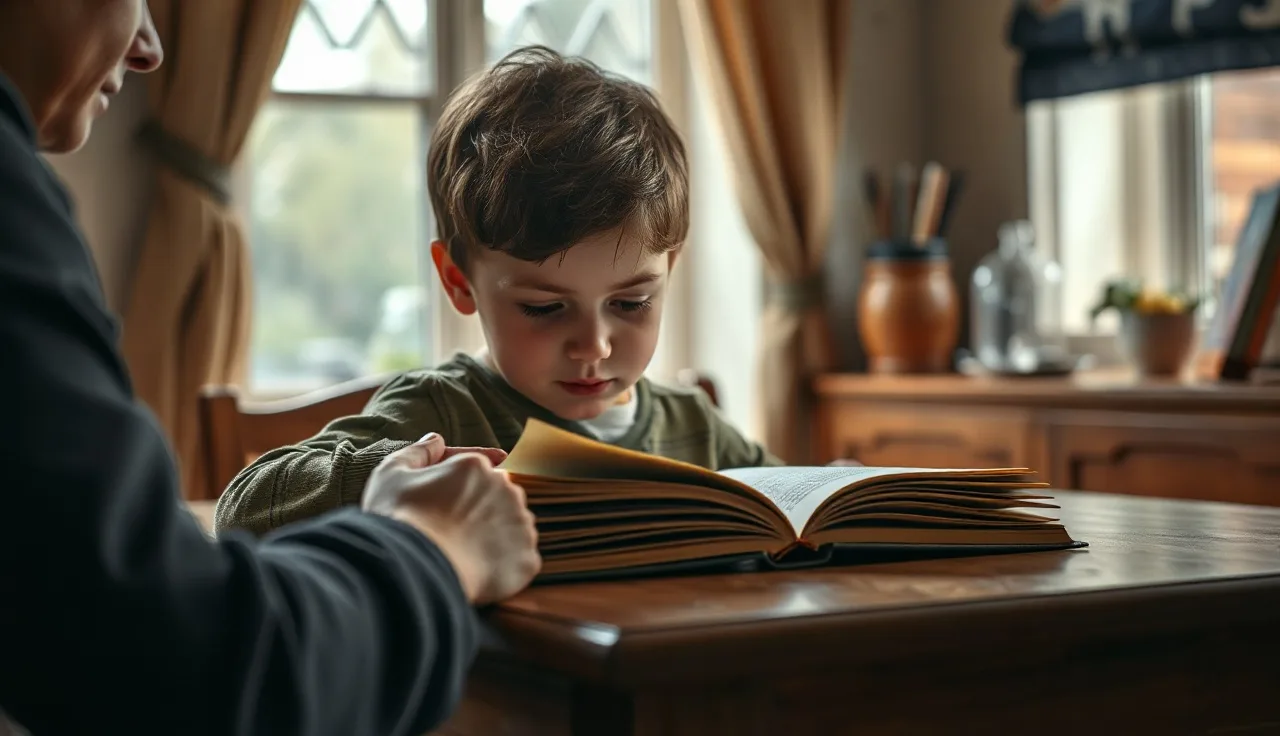 Young child struggling to concentrate while reading a book at a kitchen table