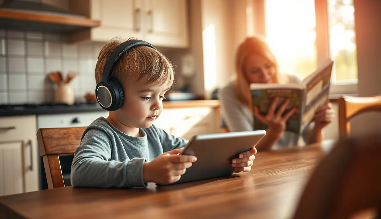 Child with headphones using a reading tablet at a kitchen table with parent nearby