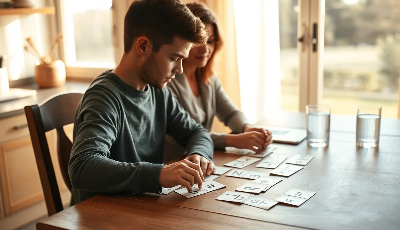 Child and adult tutor working with letter cards at a kitchen table