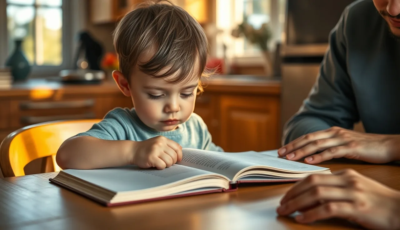 Child tracing words in a book at a kitchen table with a parent nearby