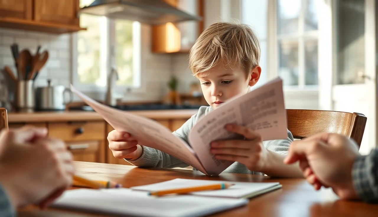 Young child reading an unseen passage aloud while parent scores errors nearby