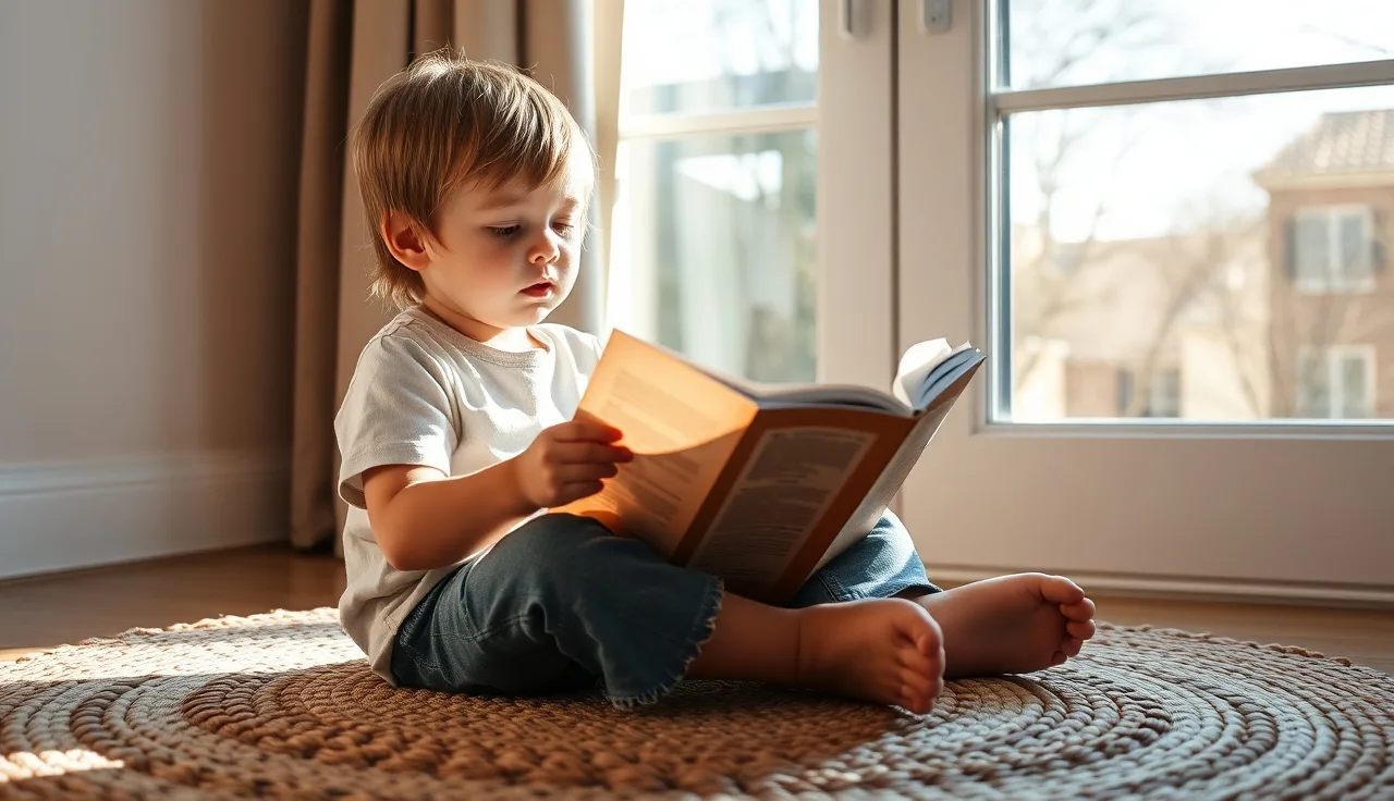 Child reading a book aloud on a rug in warm window light