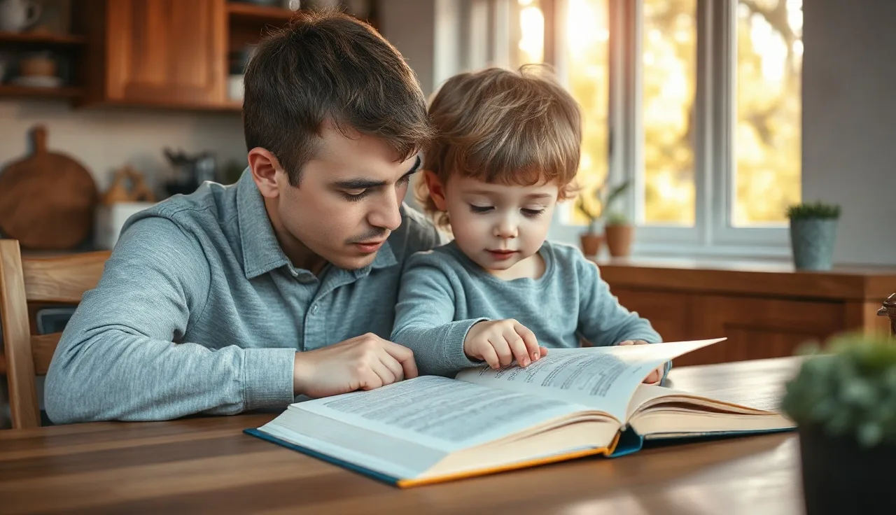 Child and adult reading together at a kitchen table in morning light