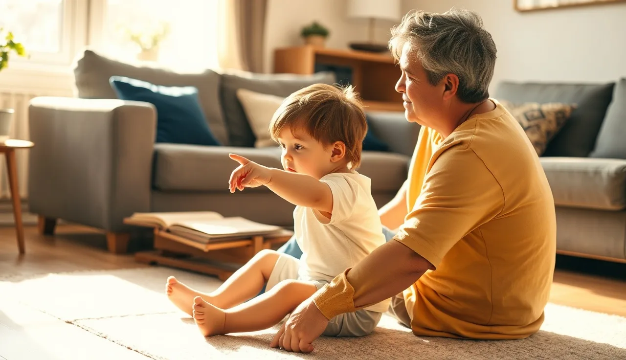 Child pointing and talking with adult while reading together on sunlit floor