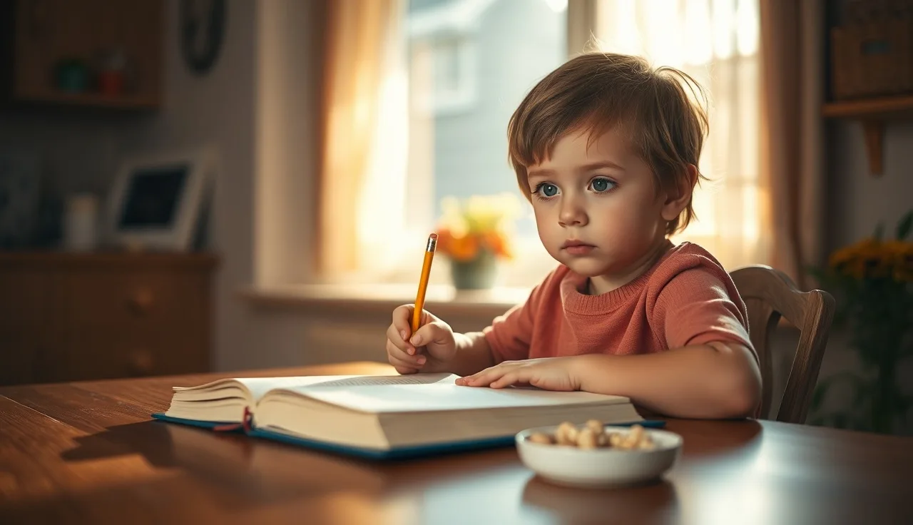 Young child concentrating on reading a book at a kitchen table