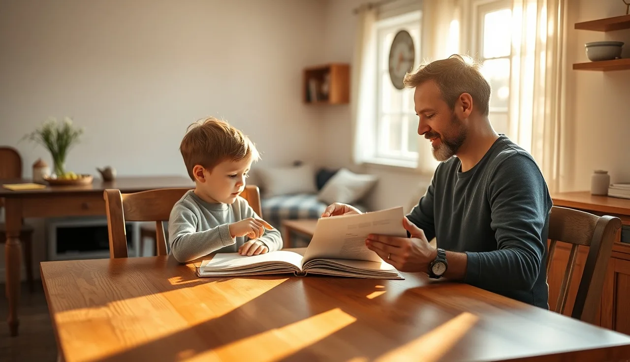 Child and adult working together on reading materials at a kitchen table