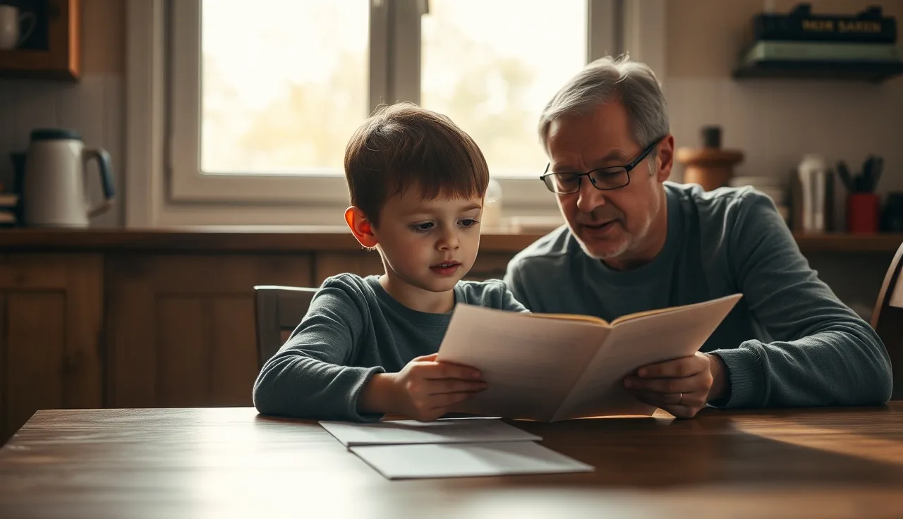 Child reading aloud at kitchen table while adult listens and tracks fluency
