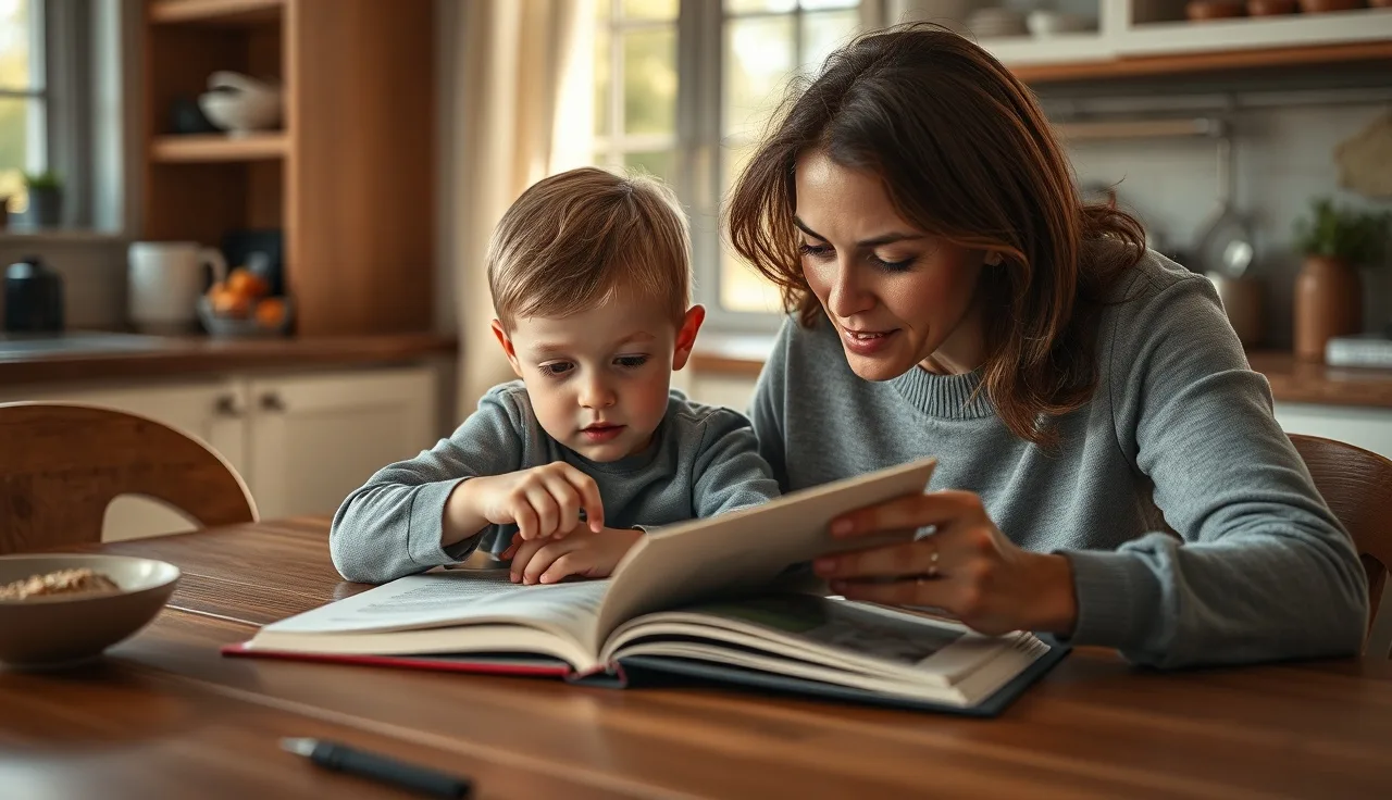 Child and adult reading together at a kitchen table in afternoon light