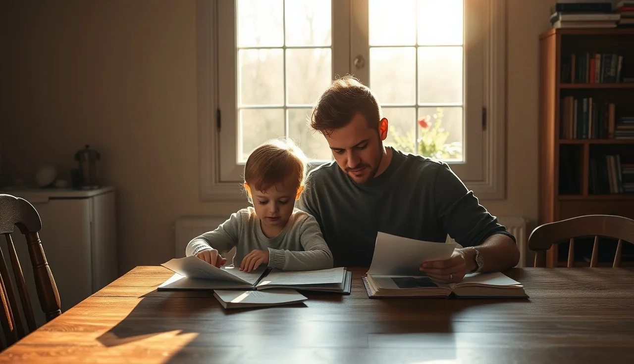 Child and adult reading together at a sunlit wooden table at home