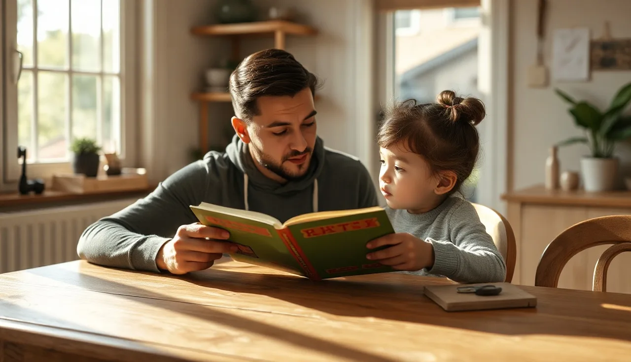 Child reading aloud to parent at kitchen table during afternoon light