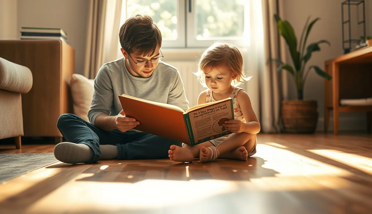 Child and adult reading aloud together from an open book on a sunlit floor