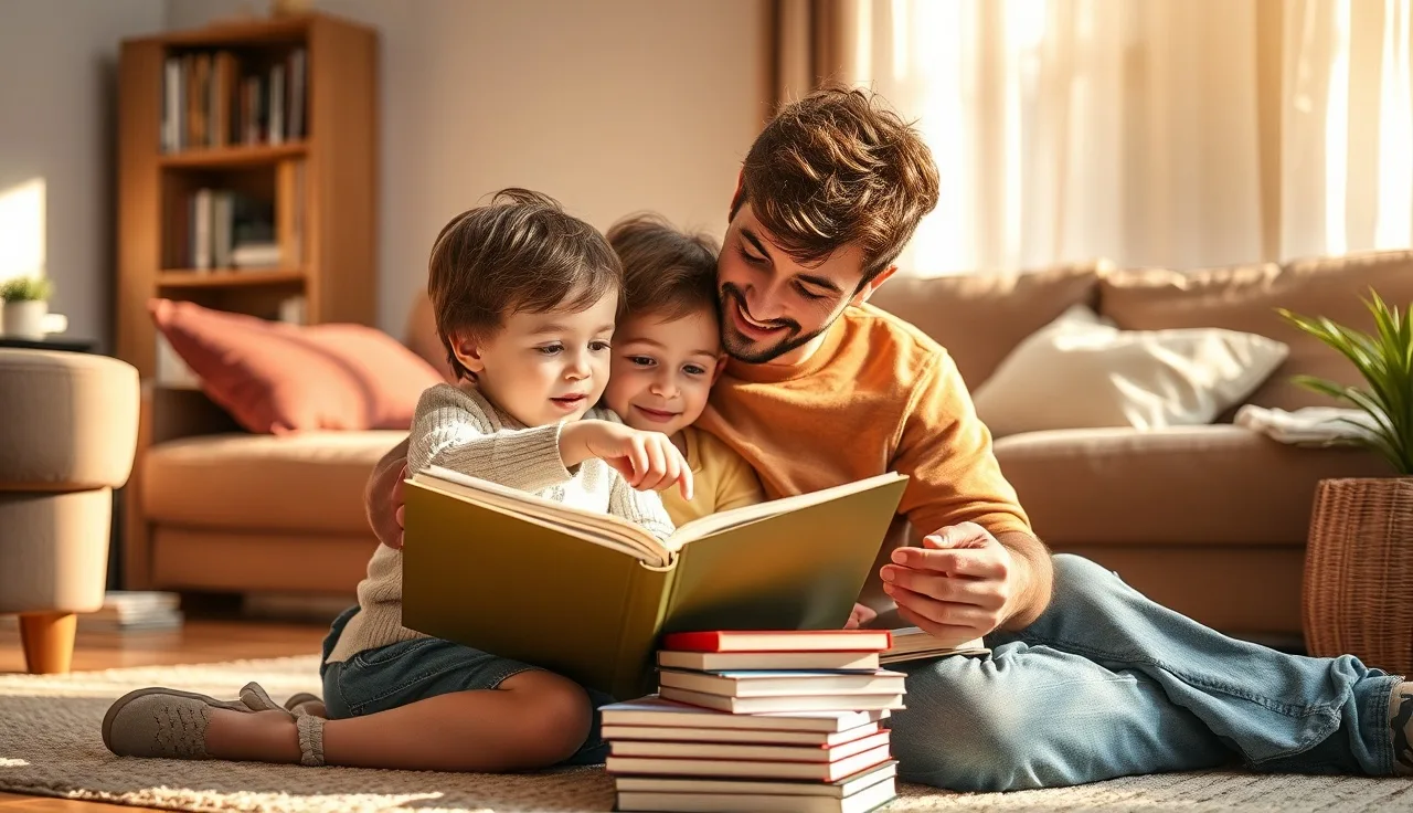 Parent and child reading together on a living room floor in warm light