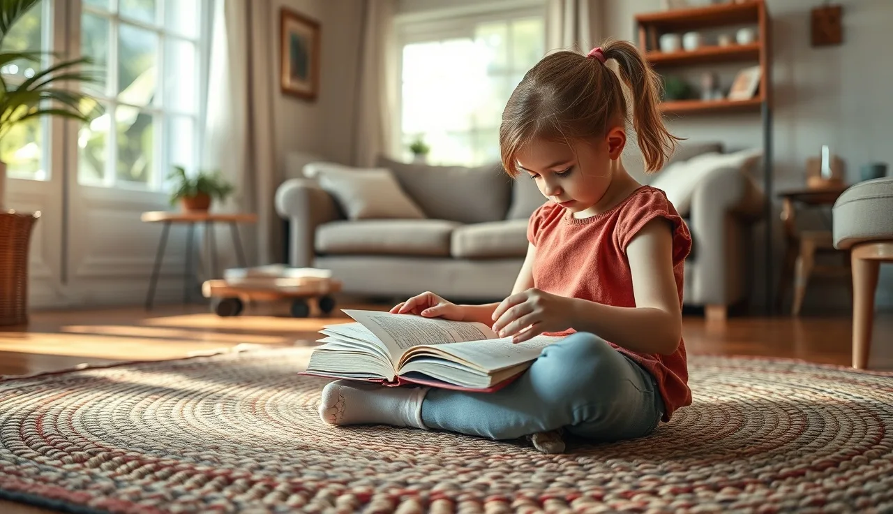 Young girl reading an open book on a sunlit living room rug