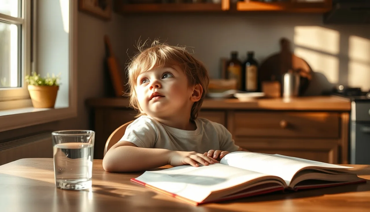 Child pausing thoughtfully over an open book at a sunlit kitchen table