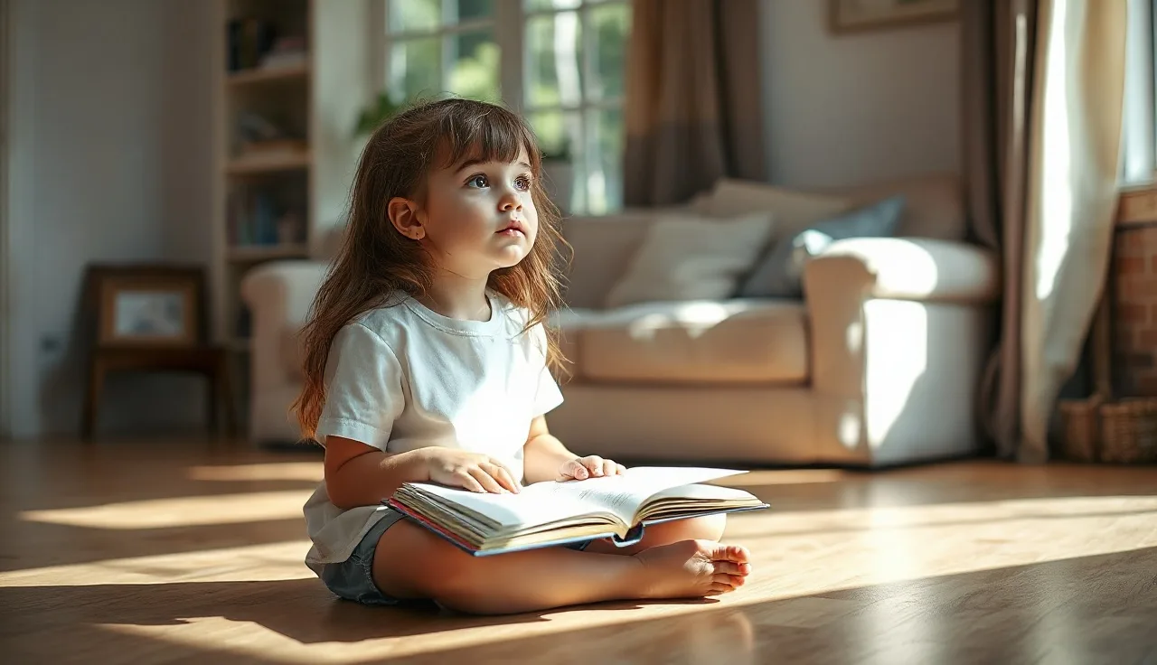 Young girl pausing thoughtfully while reading a book on a sunny living room floor