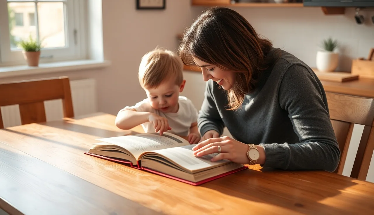 Child and adult reading together at a kitchen table in morning light