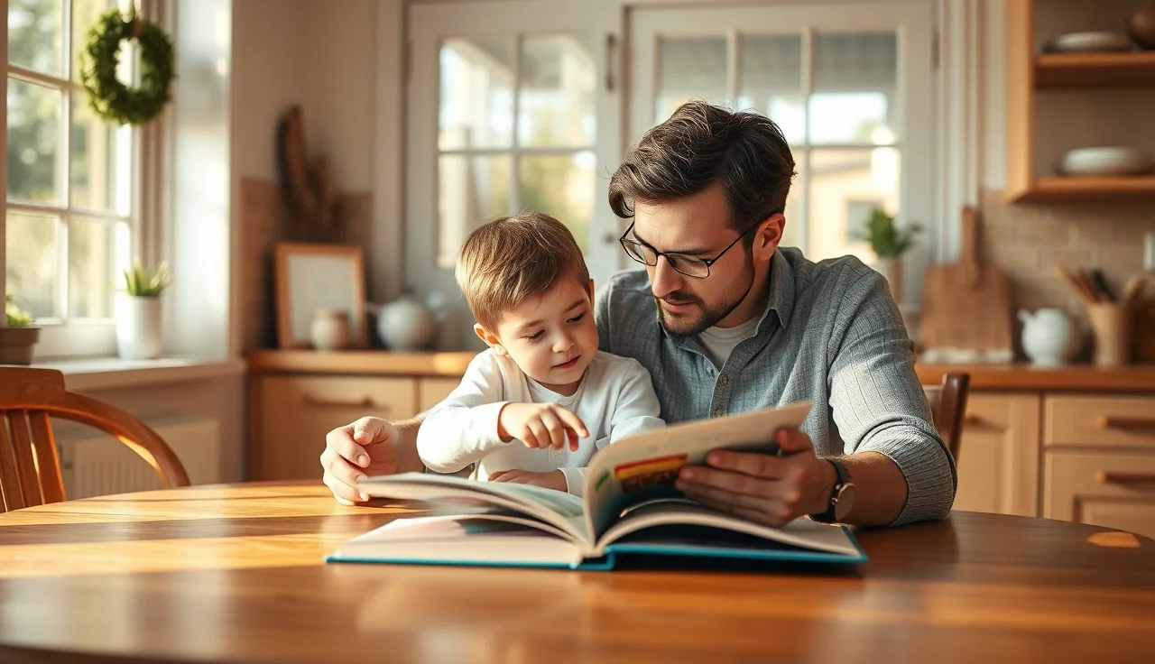 Child and adult reading together at kitchen table improving reading fluency