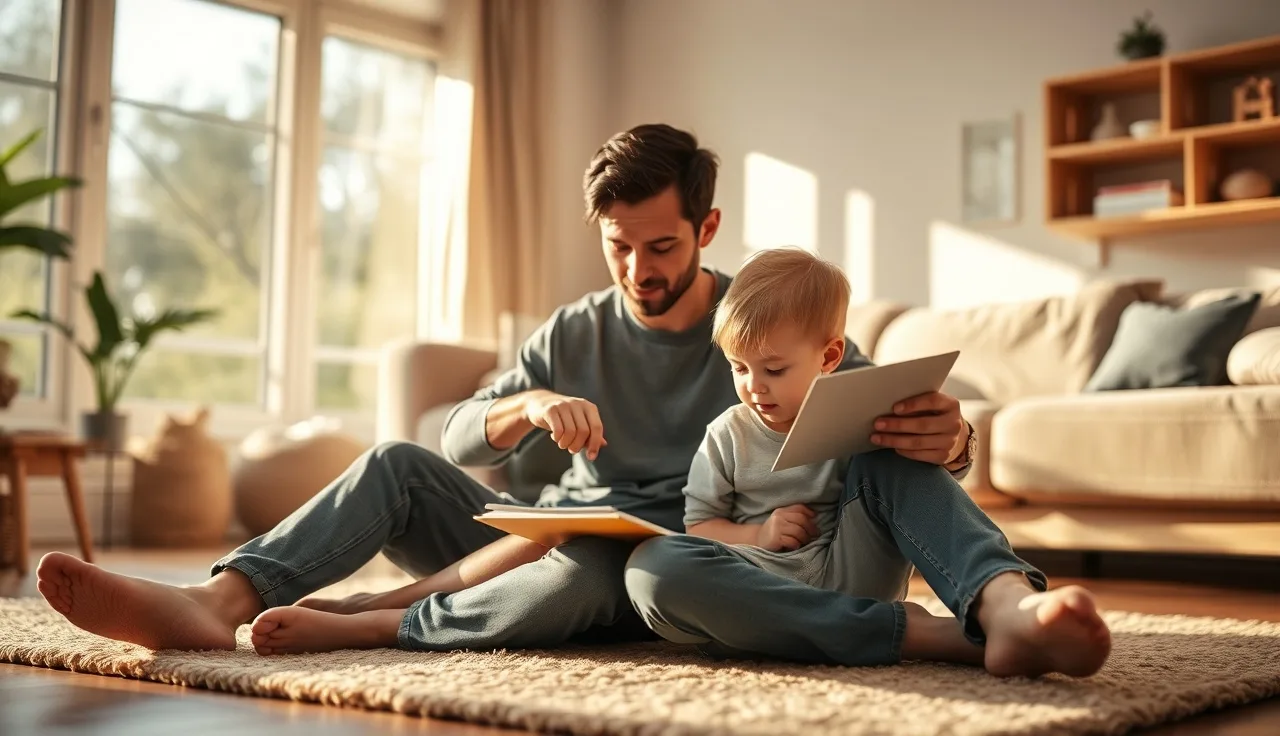 Parent and child reading together on a rug in warm afternoon light