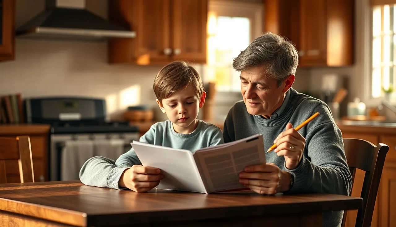 Parent listening attentively as child reads aloud at kitchen table