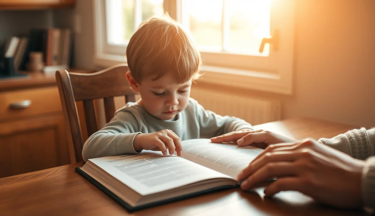 Child struggling to read a book at a kitchen table with parent nearby