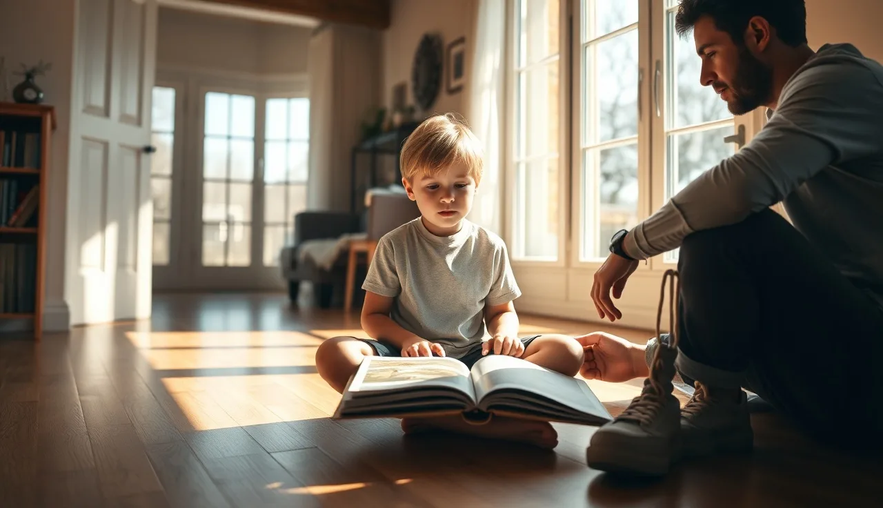 Child and parent reading together on a sunlit floor, improving reading comprehension at home