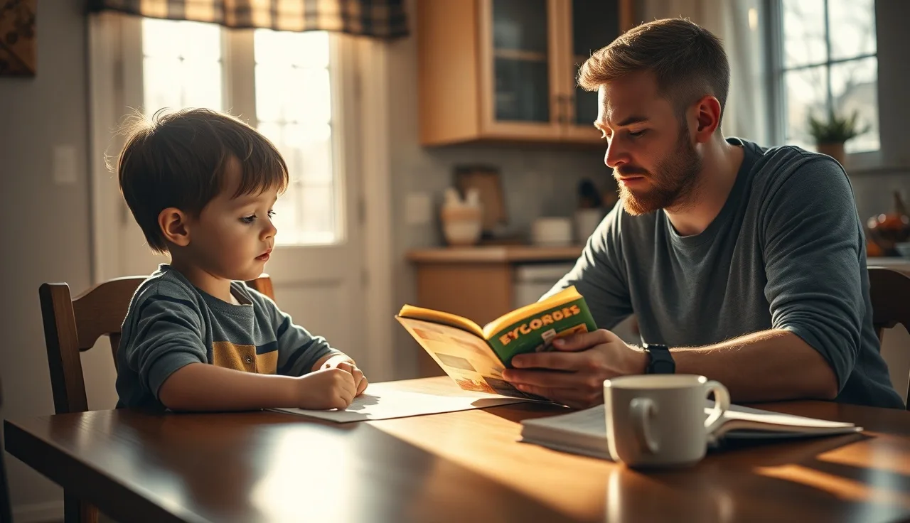Young child reading aloud to an attentive parent at a sunlit kitchen table