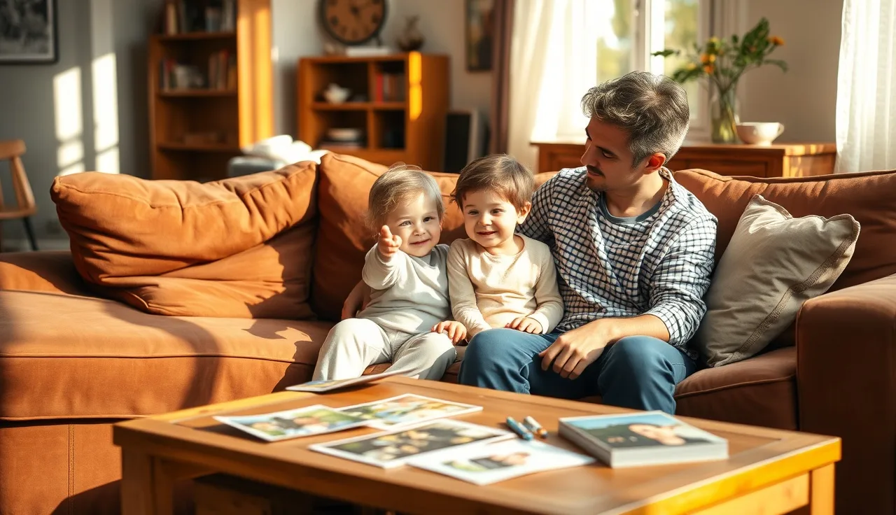 Parent and kindergartner discussing picture book together on a living room sofa