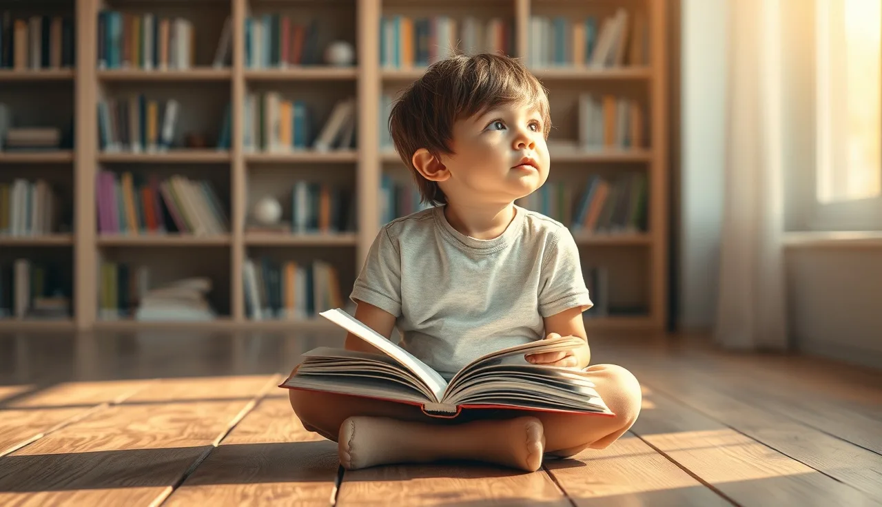 Child sitting with a book, looking up thoughtfully, practicing reading comprehension