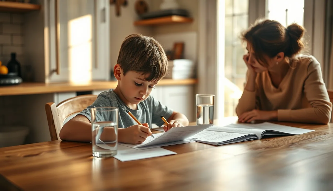 Child and adult tutor working together at a kitchen table during afternoon tutoring session