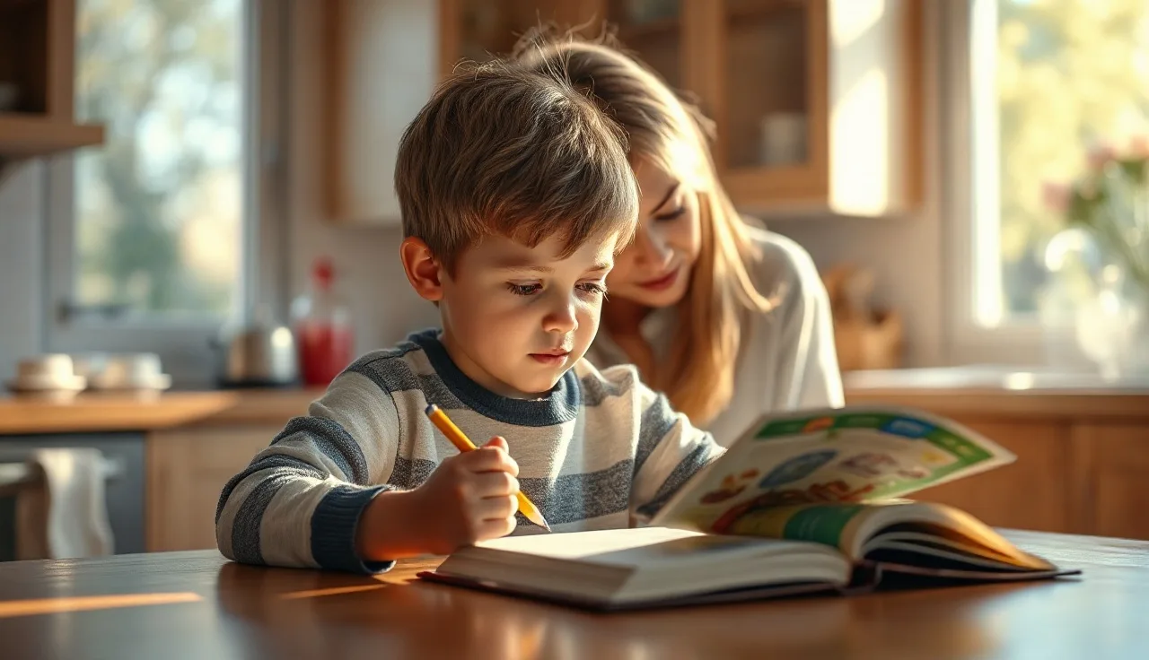 Child and parent reading together at kitchen table, looking at open book