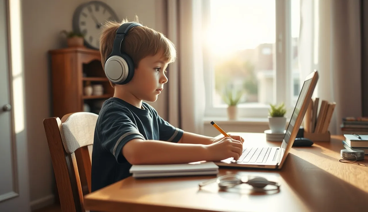 Young child at a sunny desk wearing headphones during an online reading tutoring session